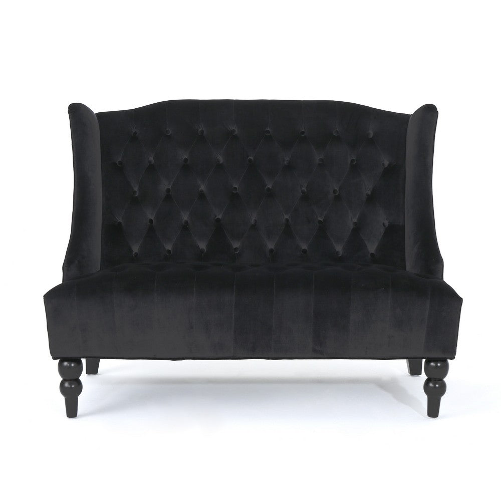Lanny Loveseat Settee, Wingback Bench 50 Inch Wood, Tufted Black Velvet By Casagear Home