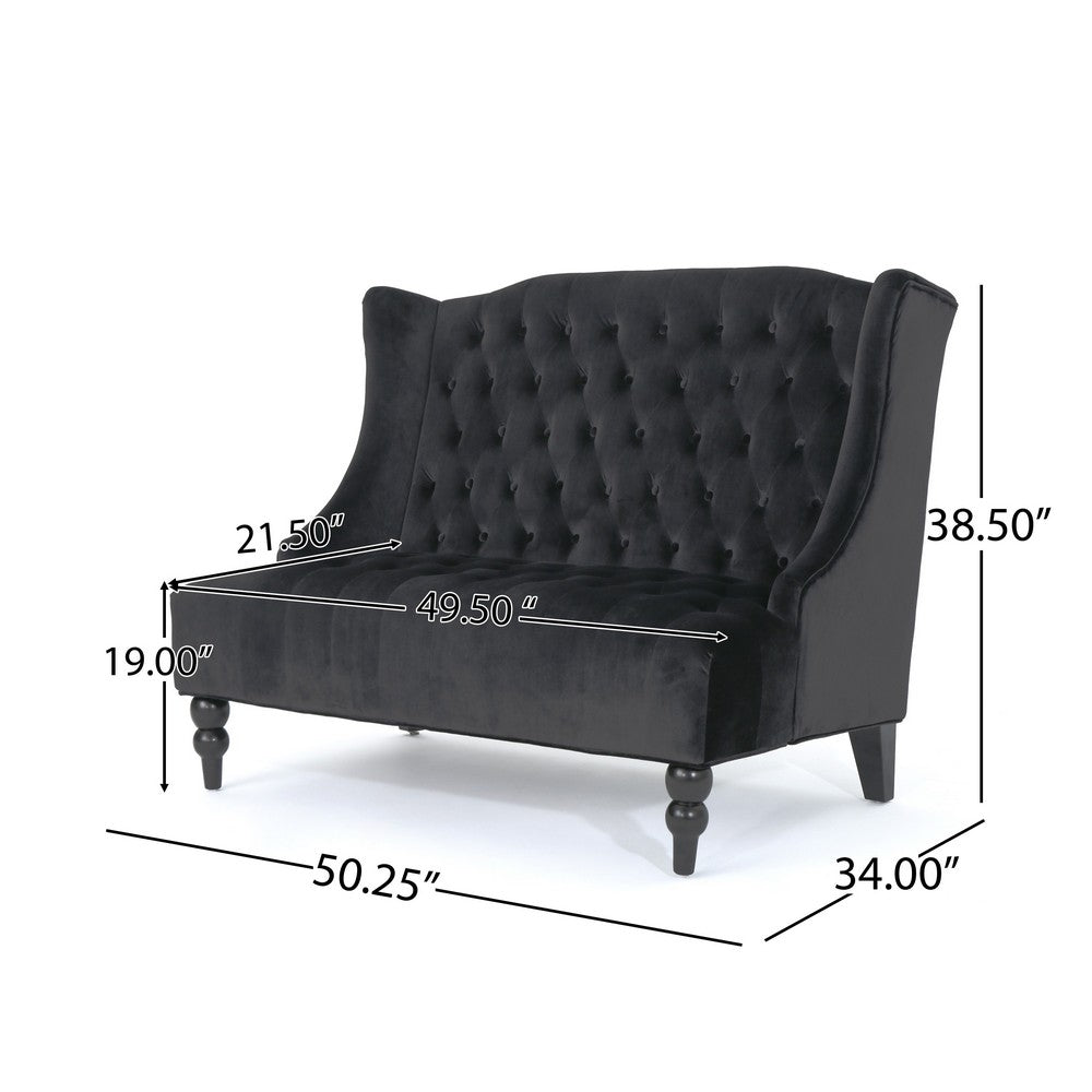 Lanny Loveseat Settee, Wingback Bench 50 Inch Wood, Tufted Black Velvet By Casagear Home