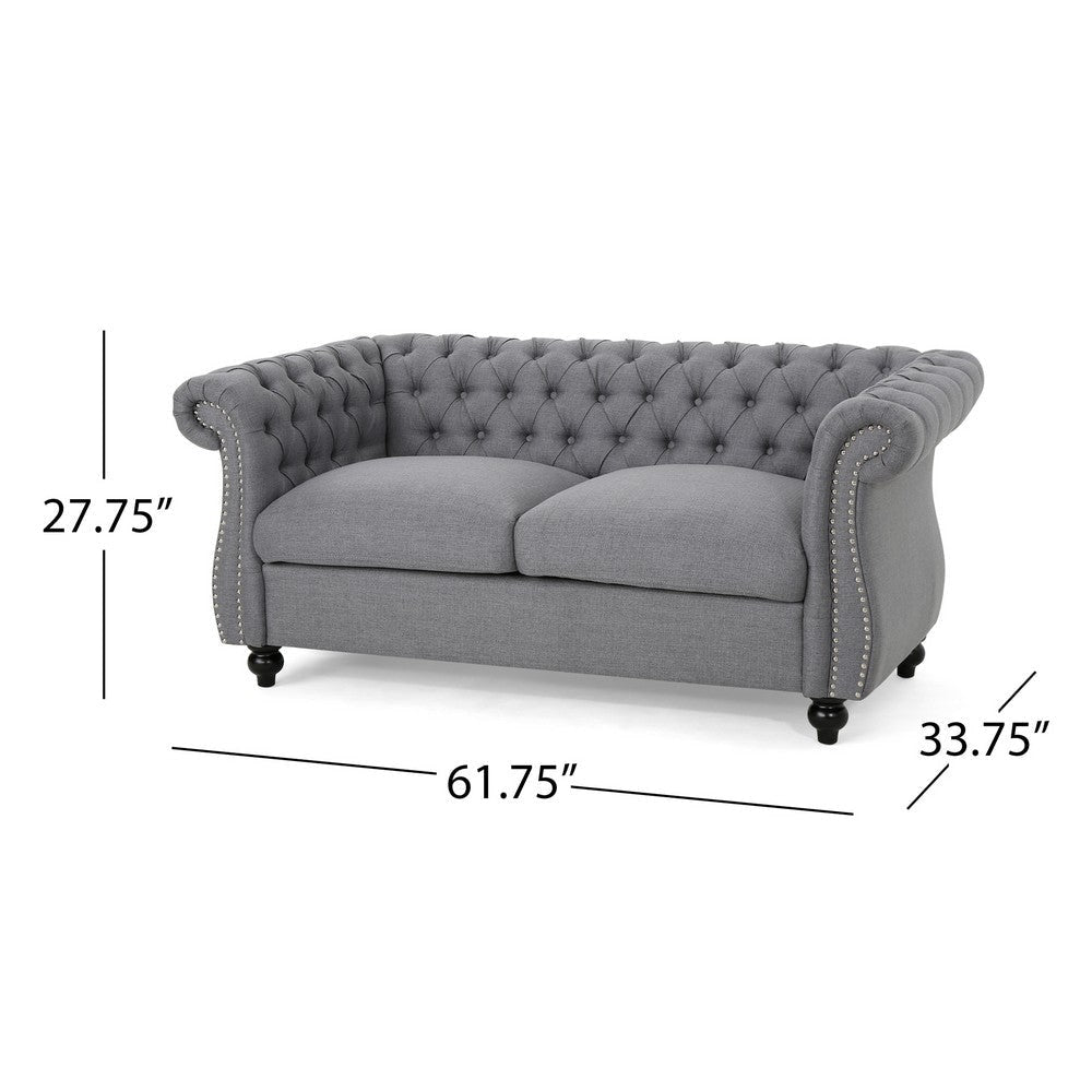 Bernie Loveseat 62 Inch Sofa Nailhead Trim Solid Wood Gray Tufted Fabric By Casagear Home BM321560