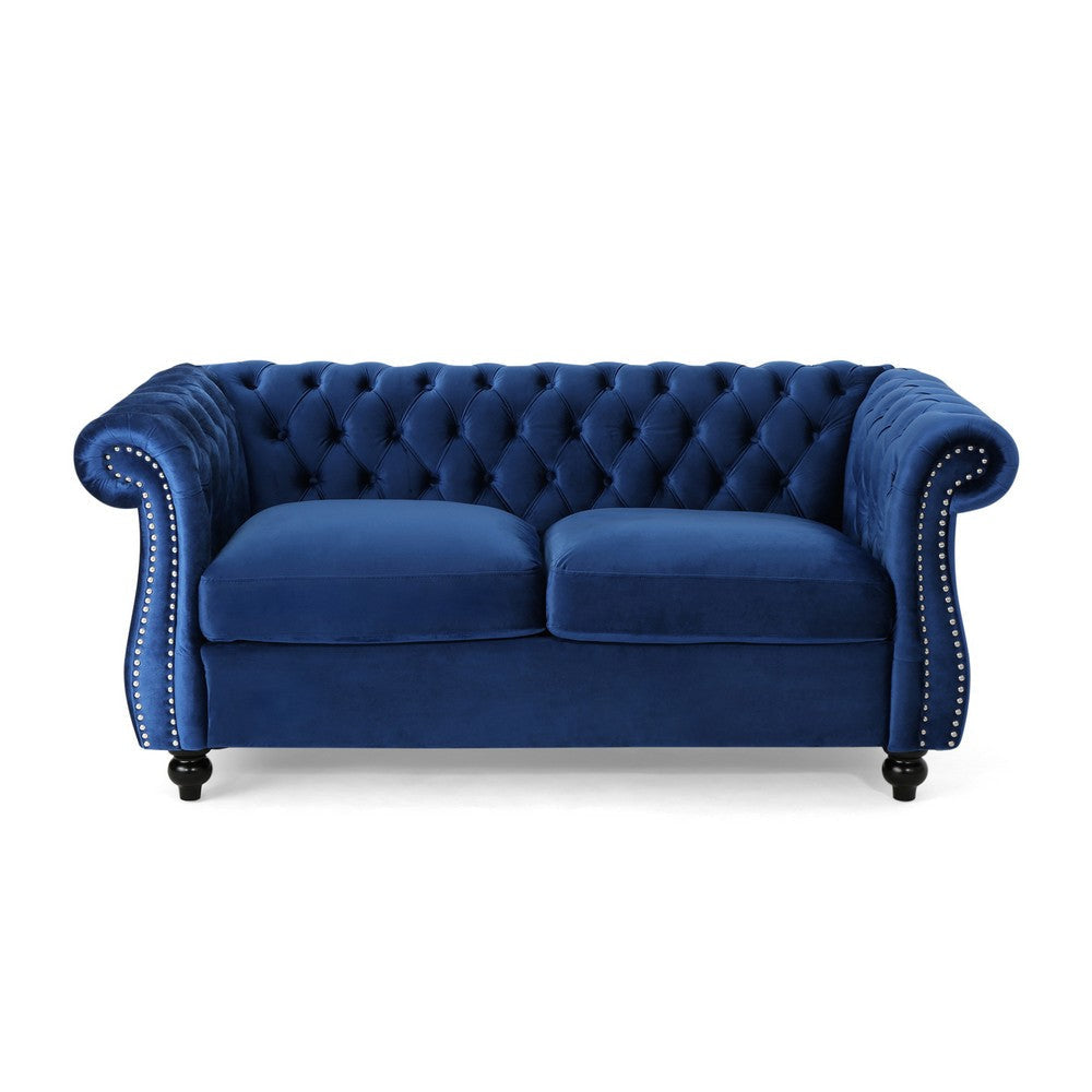 Bernie Loveseat 62 Inch Sofa Nailhead Trim Solid Wood Blue Tufted Fabric By Casagear Home BM321561