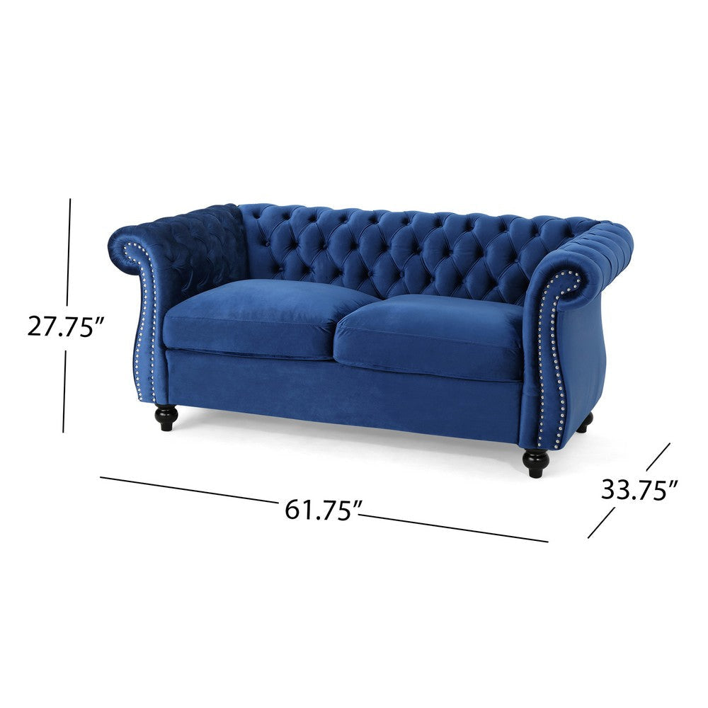 Bernie Loveseat 62 Inch Sofa Nailhead Trim Solid Wood Blue Tufted Fabric By Casagear Home BM321561