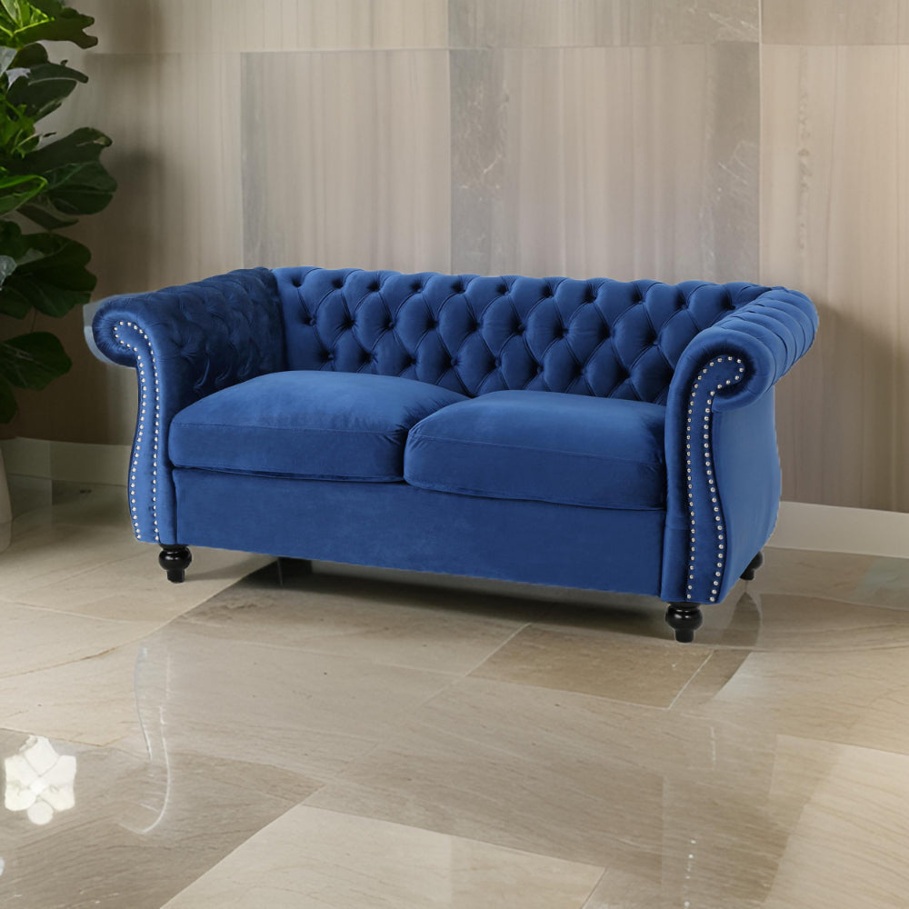 Bernie Loveseat 62 Inch Sofa, Nailhead Trim, Solid Wood, Blue Tufted Fabric By Casagear Home