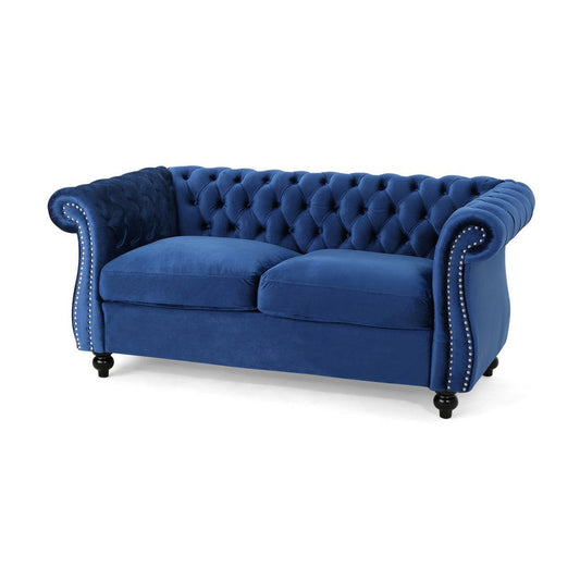 Bernie Loveseat 62 Inch Sofa, Nailhead Trim, Solid Wood, Blue Tufted Fabric By Casagear Home