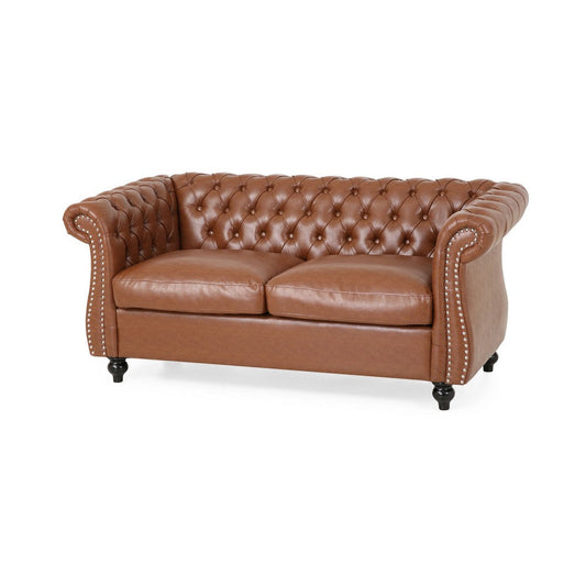 Bernie Loveseat 62 Inch Sofa, Nailhead Trim, Solid Wood, Brown Faux Leather By Casagear Home