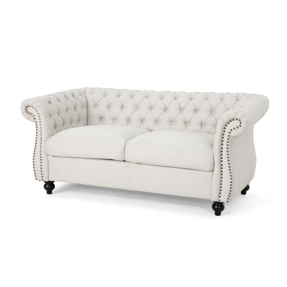 Bernie Loveseat 62 Inch Sofa, Nailhead Trim, Solid Wood Beige Tufted Fabric By Casagear Home