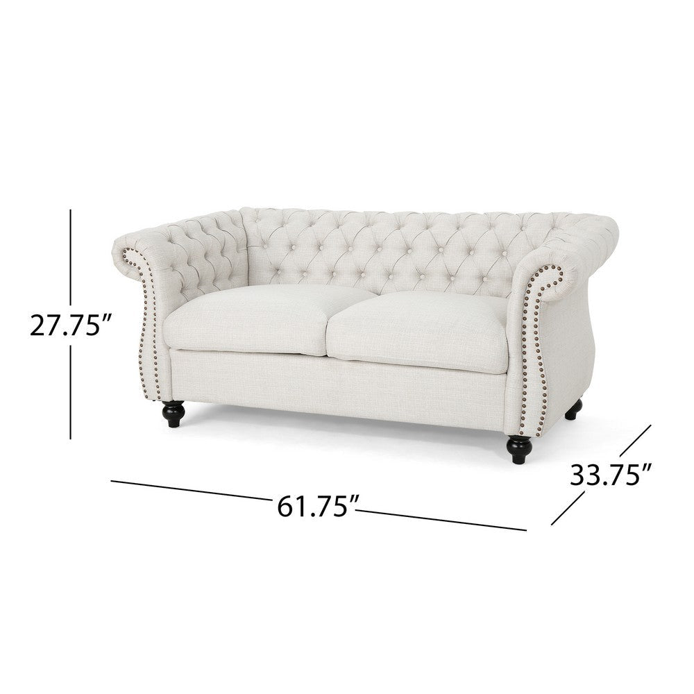 Bernie Loveseat 62 Inch Sofa Nailhead Trim Solid Wood Beige Tufted Fabric By Casagear Home BM321563