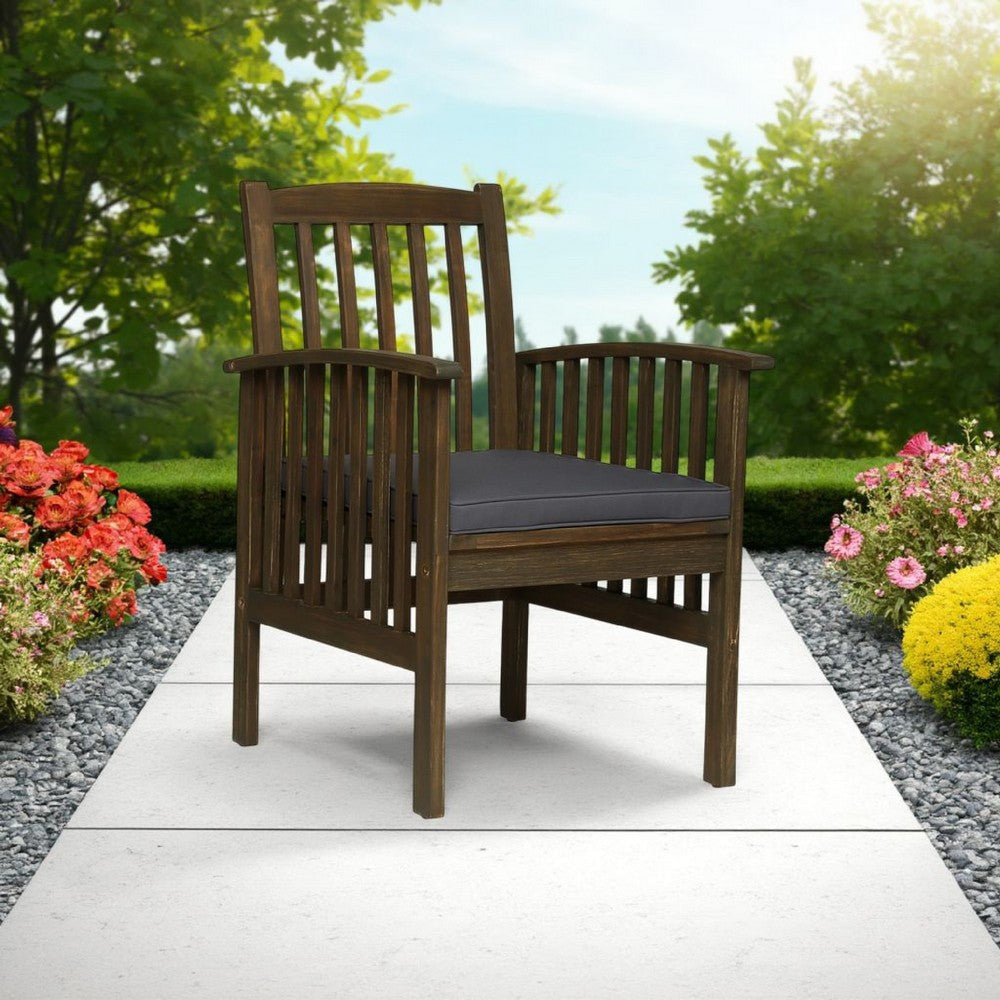 Gerry Dining Chair, Slatted Back Outdoor Natural Brown Wood, Dark Gray By Casagear Home