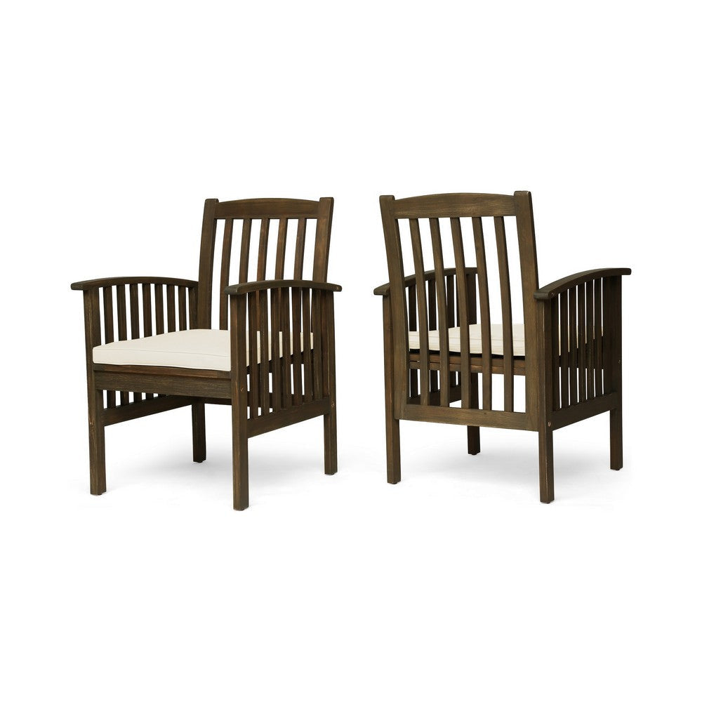 Gerry Dining Chair, Outdoor Traditional Slatted Gray Acacia Wood, Cream By Casagear Home