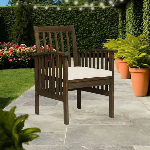 Gerry Dining Chair, Outdoor Traditional Slatted Gray Acacia Wood, Cream By Casagear Home