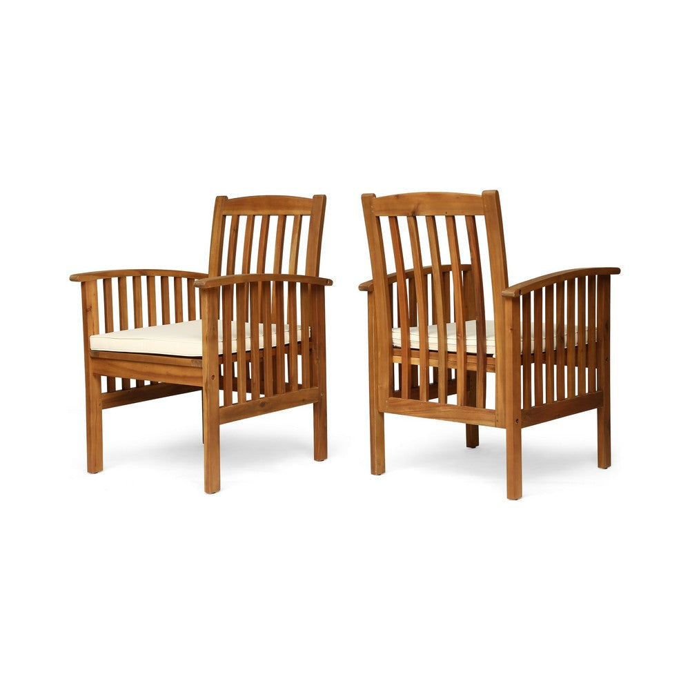 Gerry Dining Chair, Traditional Slat Design Brown Acacia Wood, Beige Fabric By Casagear Home