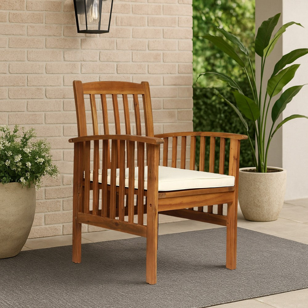 Gerry Dining Chair, Traditional Slat Design Brown Acacia Wood, Beige Fabric