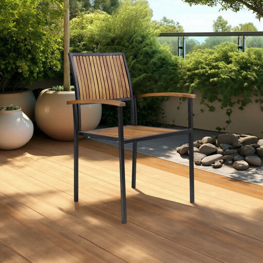 Side Dining Chair Set of 2, Outdoor Slatted Brown Acacia Wood, Black Iron By Casagear Home