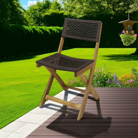 Bistro Side Chair, Foldable, Outdoor Gray Wicker Cane, Brown Acacia Wood By Casagear Home