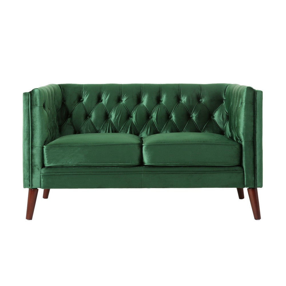 Janie Loveseat Bench 54 Inch Birch Button Tufted Diamond Green Velvet By Casagear Home BM321575