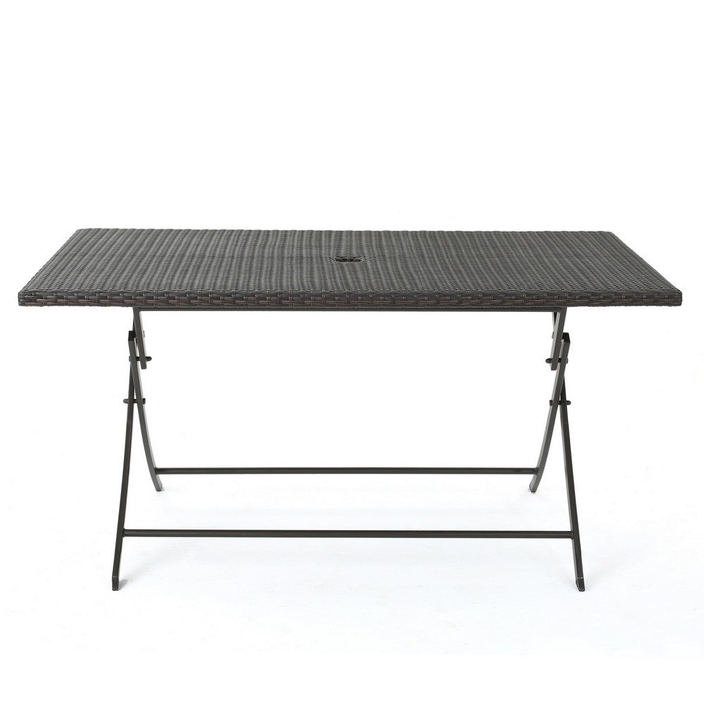 Outdoor Rectangle Foldable Dining Table, 59 Inch, Iron, Multibrown Wicker  By Casagear Home