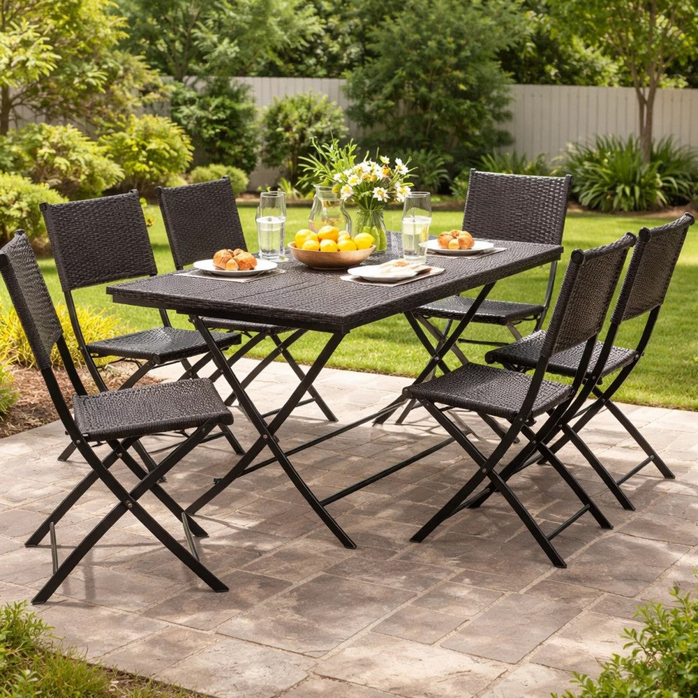 Outdoor Rectangle Foldable Dining Table, 59 Inch, Iron, Multibrown Wicker  By Casagear Home