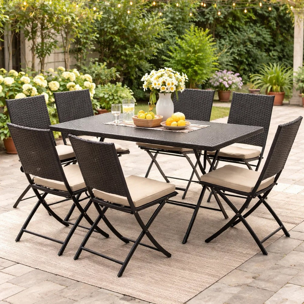 Outdoor Rectangle Foldable Dining Table, 59 Inch, Iron, Multibrown Wicker  By Casagear Home