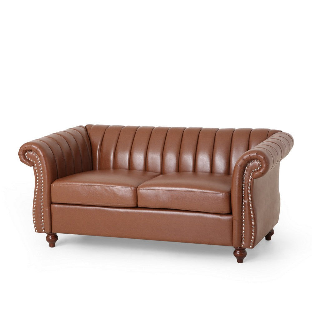 Faye 62 Inch Loveseat Sofa, Channel Stitched Brown Faux Leather w Nailhead By Casagear Home