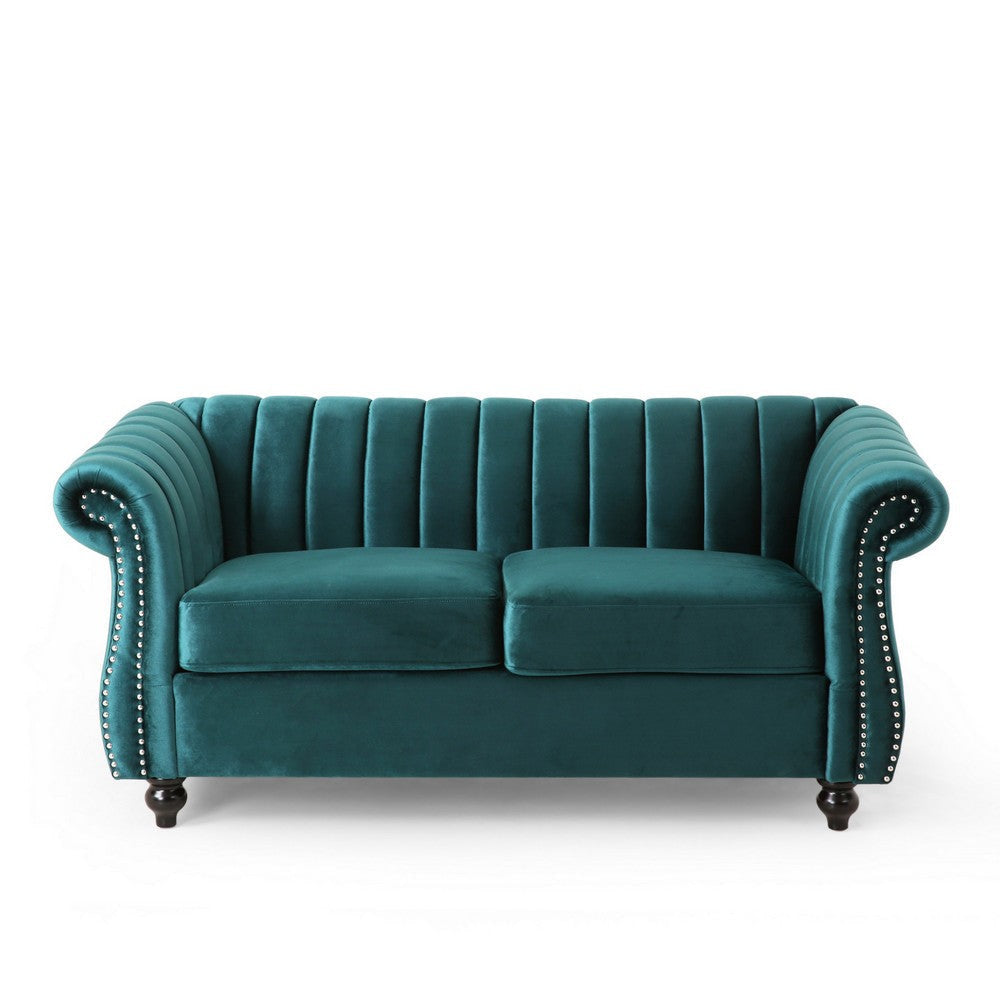 Faye 62 Inch Loveseat Sofa Channel Stitched Teal Velvet w Nailhead Trim By Casagear Home BM321578