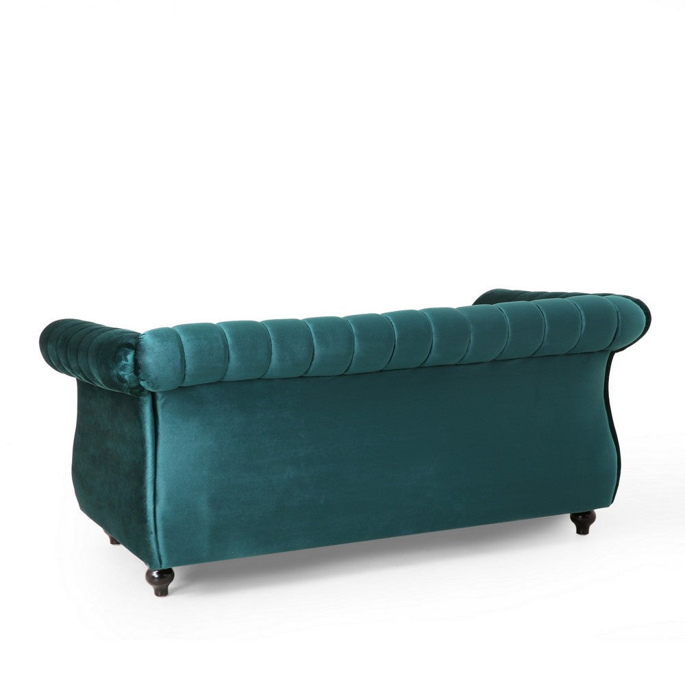 Faye 62 Inch Loveseat Sofa Channel Stitched Teal Velvet w Nailhead Trim By Casagear Home BM321578