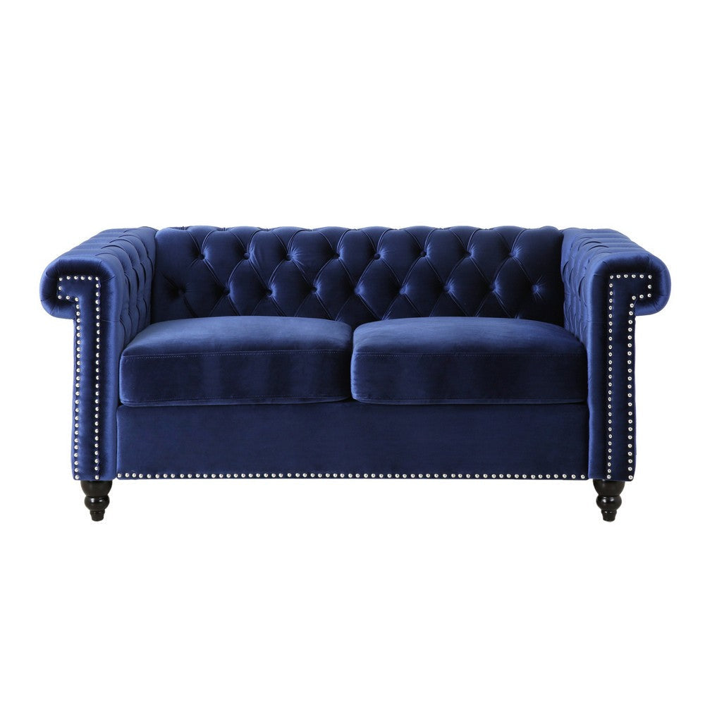 Misha 61 Inch Loveseat Sofa Nailhead Trim Channel Stitch Blue Velvet By Casagear Home BM321581