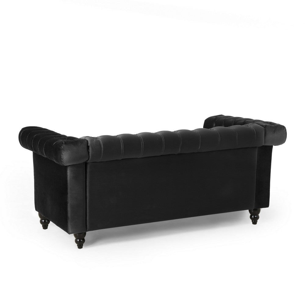 Misha 61 Inch Loveseat Sofa Nailhead Trim Channel Stitch Black Velvet By Casagear Home BM321582