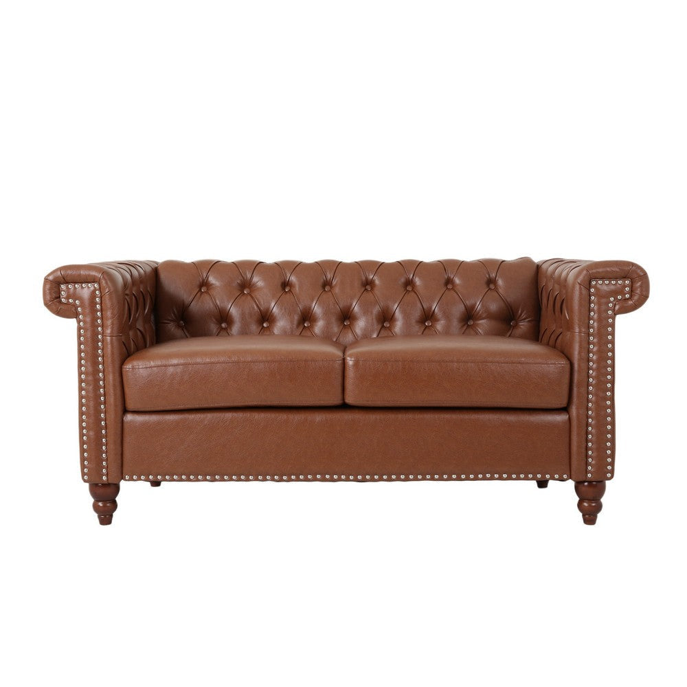 Misha 61 Inch Loveseat Sofa Nailhead Channel Stitch Brown Faux Leather By Casagear Home BM321583