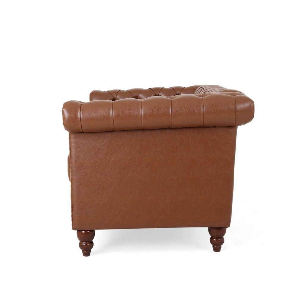 Misha 61 Inch Loveseat Sofa Nailhead Channel Stitch Brown Faux Leather By Casagear Home BM321583