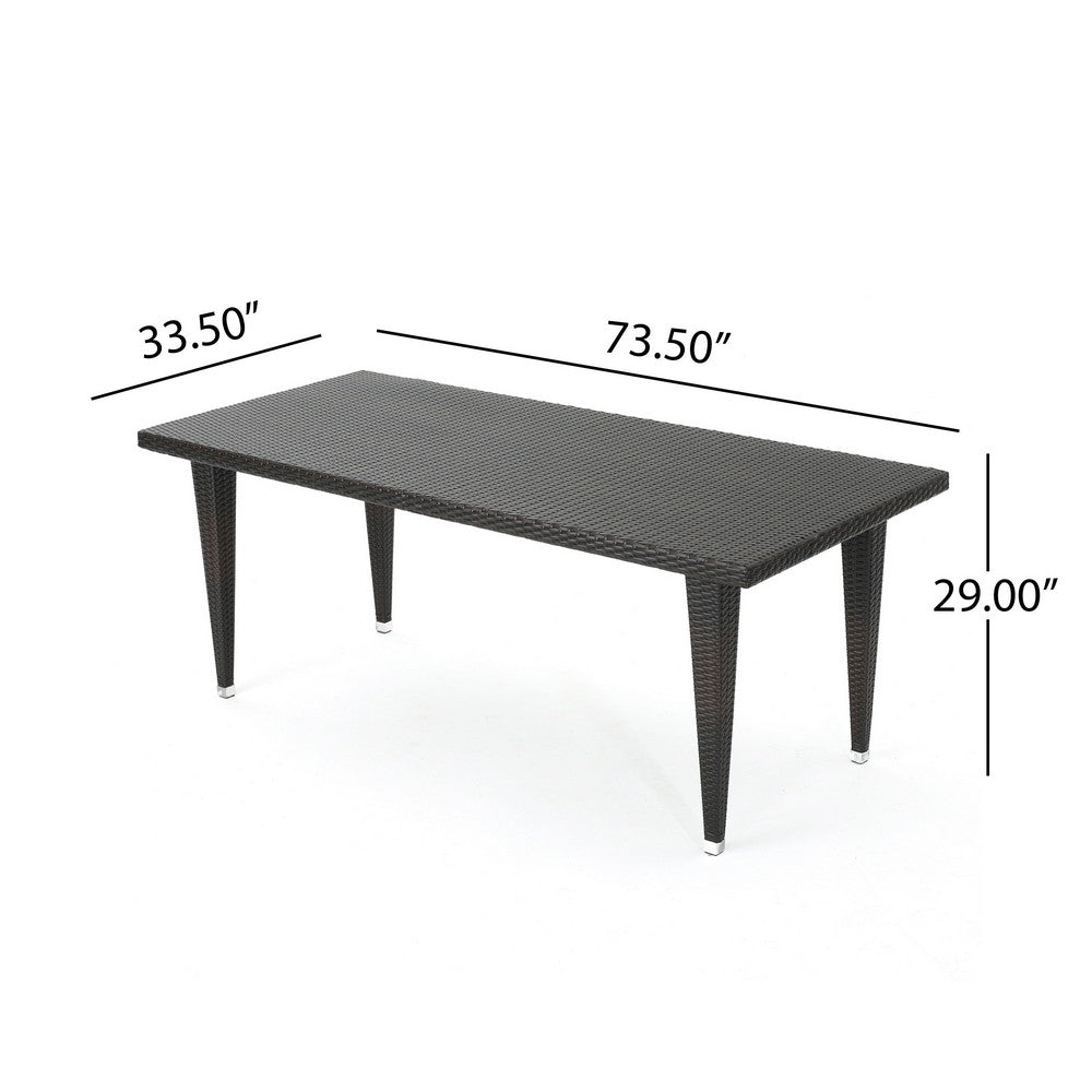 Miny Outdoor Rectangle Dining Table, 74 Inch Iron, Brown Wicker Rattan By Casagear Home
