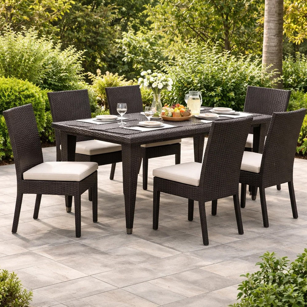 Miny Outdoor Rectangle Dining Table, 74 Inch Iron, Brown Wicker Rattan By Casagear Home