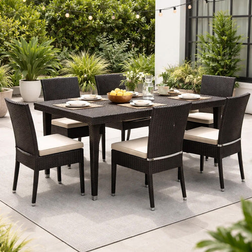 Miny Outdoor Rectangle Dining Table, 74 Inch Iron, Brown Wicker Rattan By Casagear Home