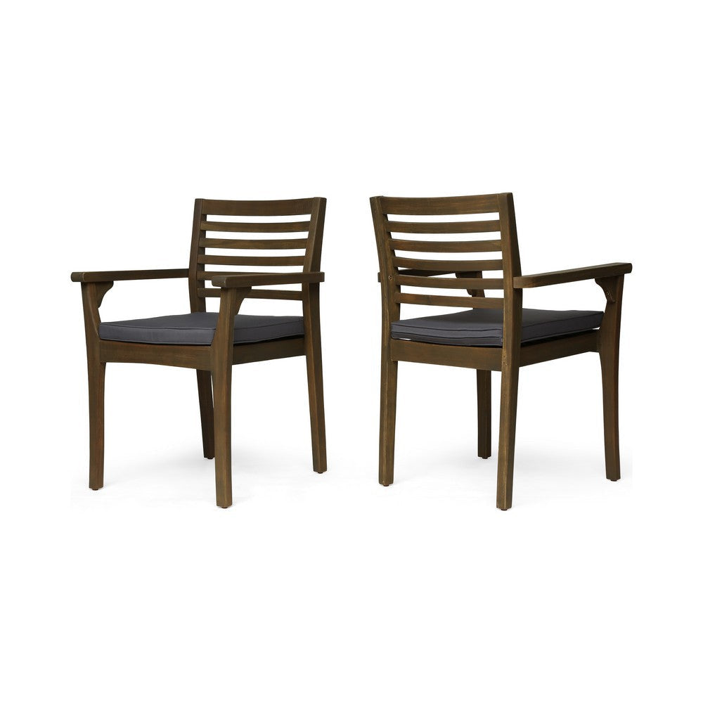 Dining Chair, Slatted Back, Modern, Teak Brown Acacia Wood, Gray Fabric By Casagear Home