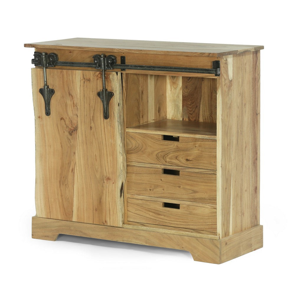 Sliding Live Edge Sideboard Cabinet, 3 Door, 39 Inch, Natural Acacia Wood By Casagear Home