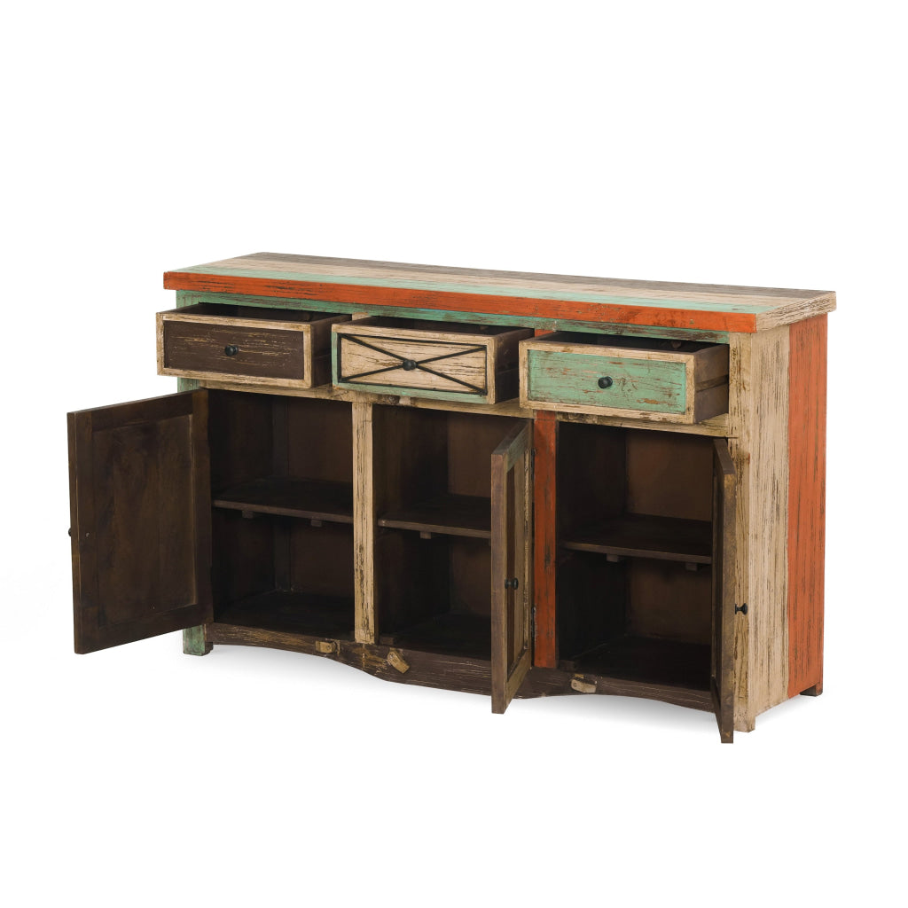 Ryna Sideboard Console 3 Drawer 3 Door 59 Inch Boatwood Style Brown Wood By Casagear Home BM321600