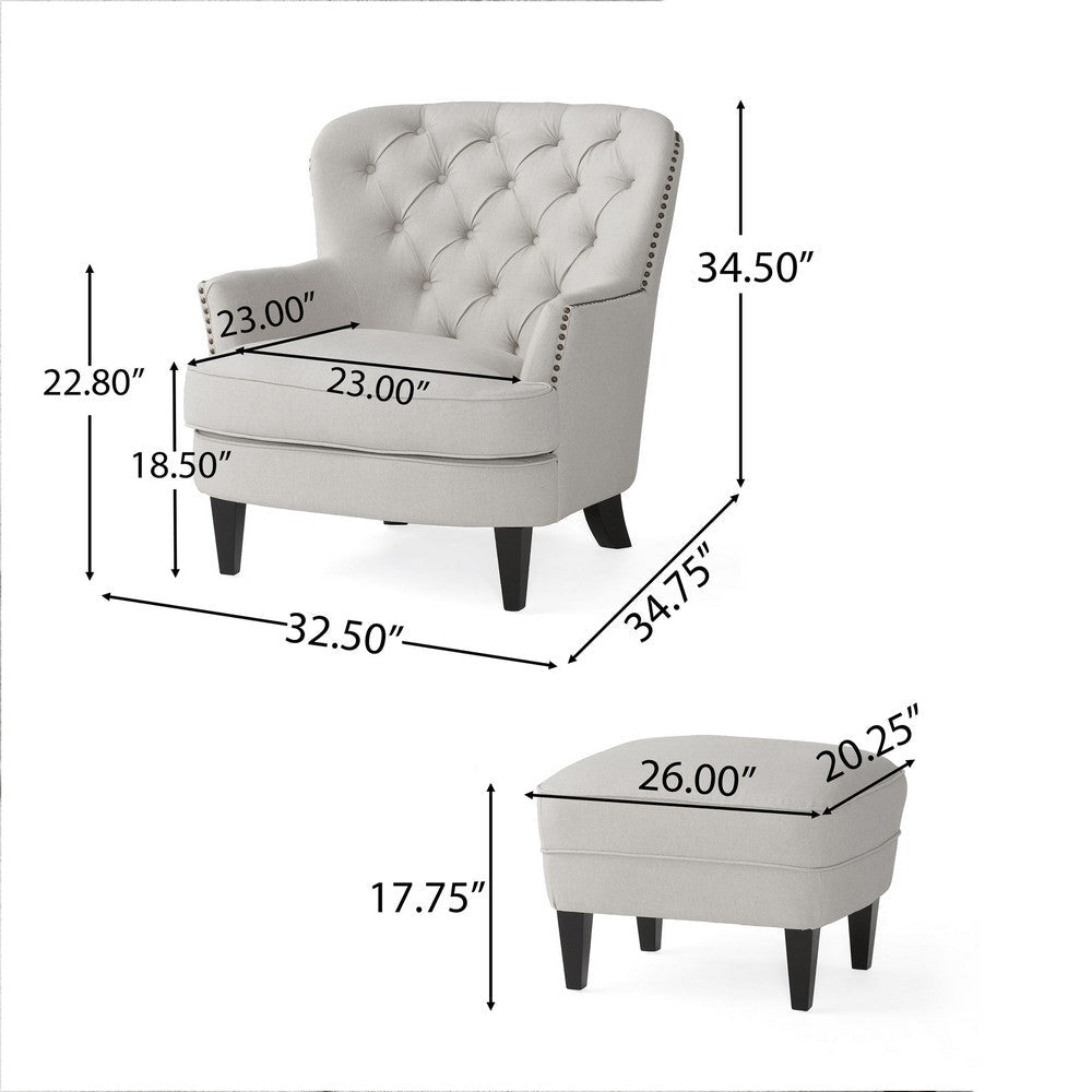 Clen 2pc Club Accent Chair and Ottoman Tufted Light Gray Brown Wood Legs By Casagear Home BM321604