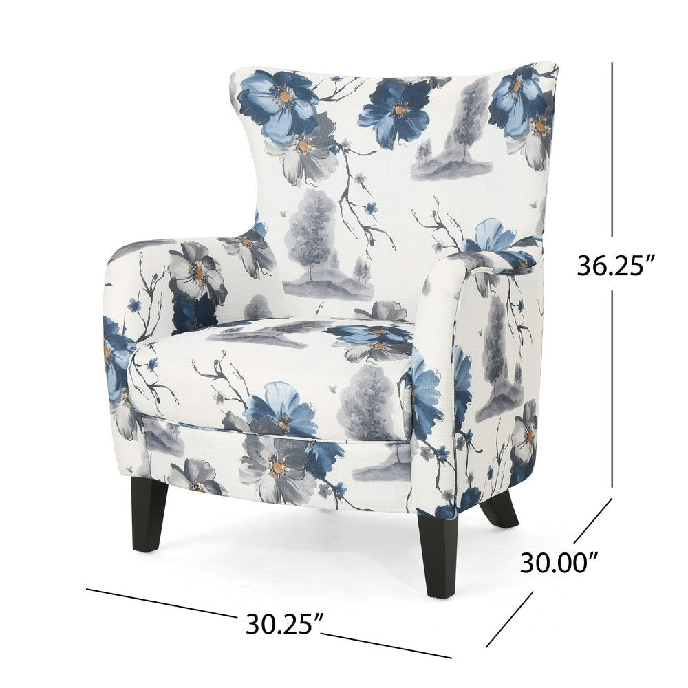 Riyank Wingback Armchair White Blue Gray Floral Design Black Wood Legs By Casagear Home BM321605