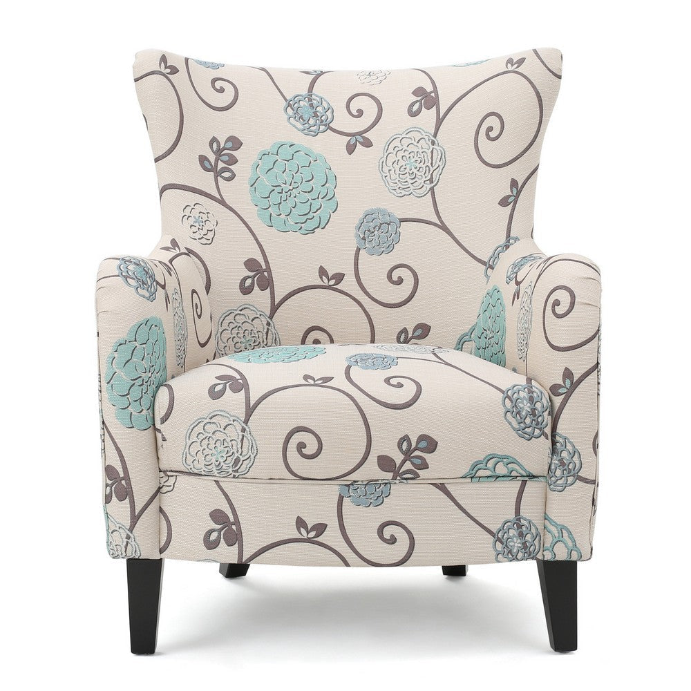 Riyank Accent Armchair White Teal and Gray Floral Wingback Black Wood By Casagear Home BM321608