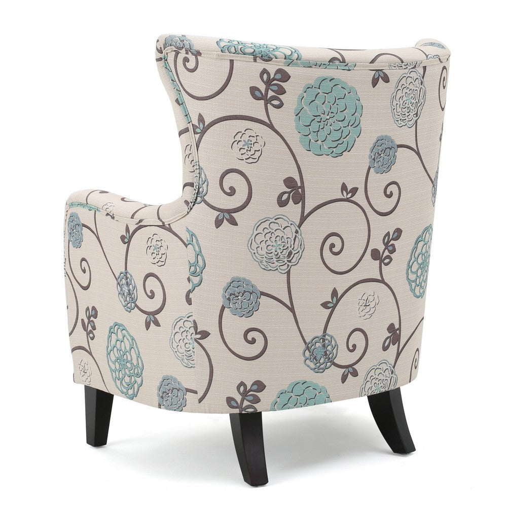 Riyank Accent Armchair White Teal and Gray Floral Wingback Black Wood By Casagear Home BM321608