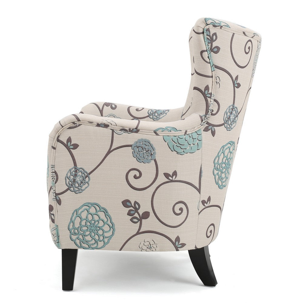 Riyank Accent Armchair White Teal and Gray Floral Wingback Black Wood By Casagear Home BM321608