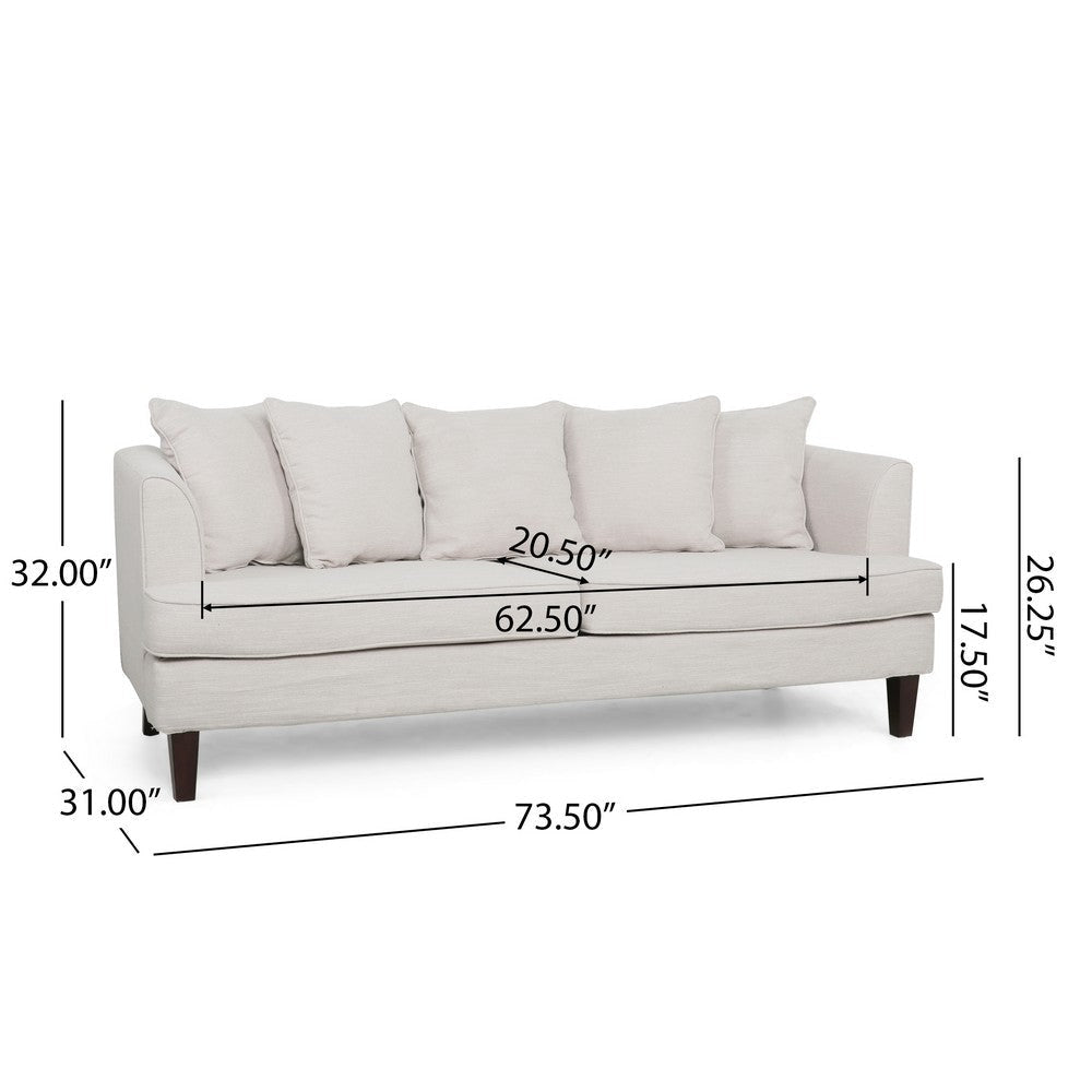 Zuko 74 Inch 3 Seater Sofa Beige Fabric 5 Accent Pillows Wood Legs By Casagear Home BM321609