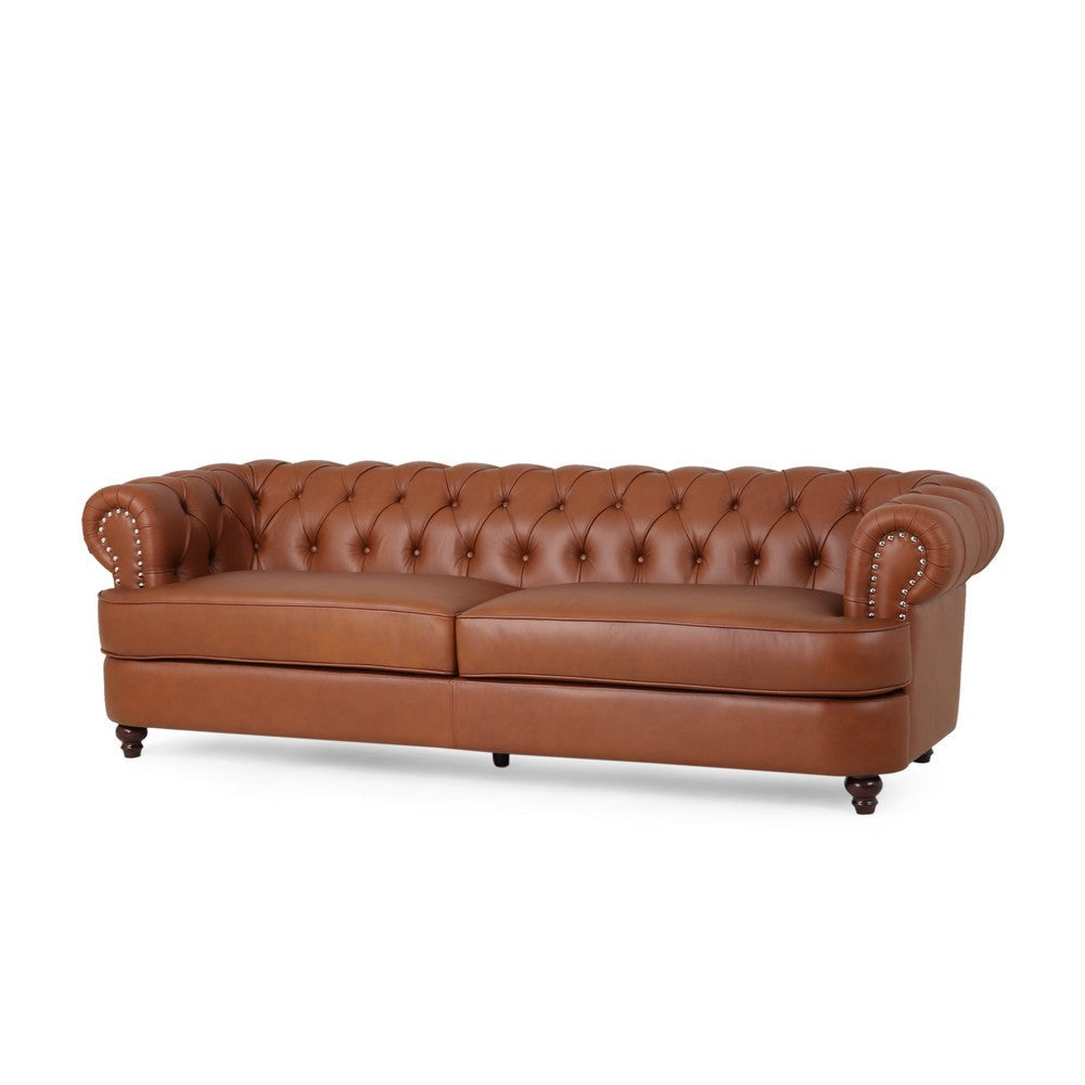 Vian 95 Inch 3 Seater Sofa, Tufted Cognac Brown Faux Leather, Nailhead Trim By Casagear Home