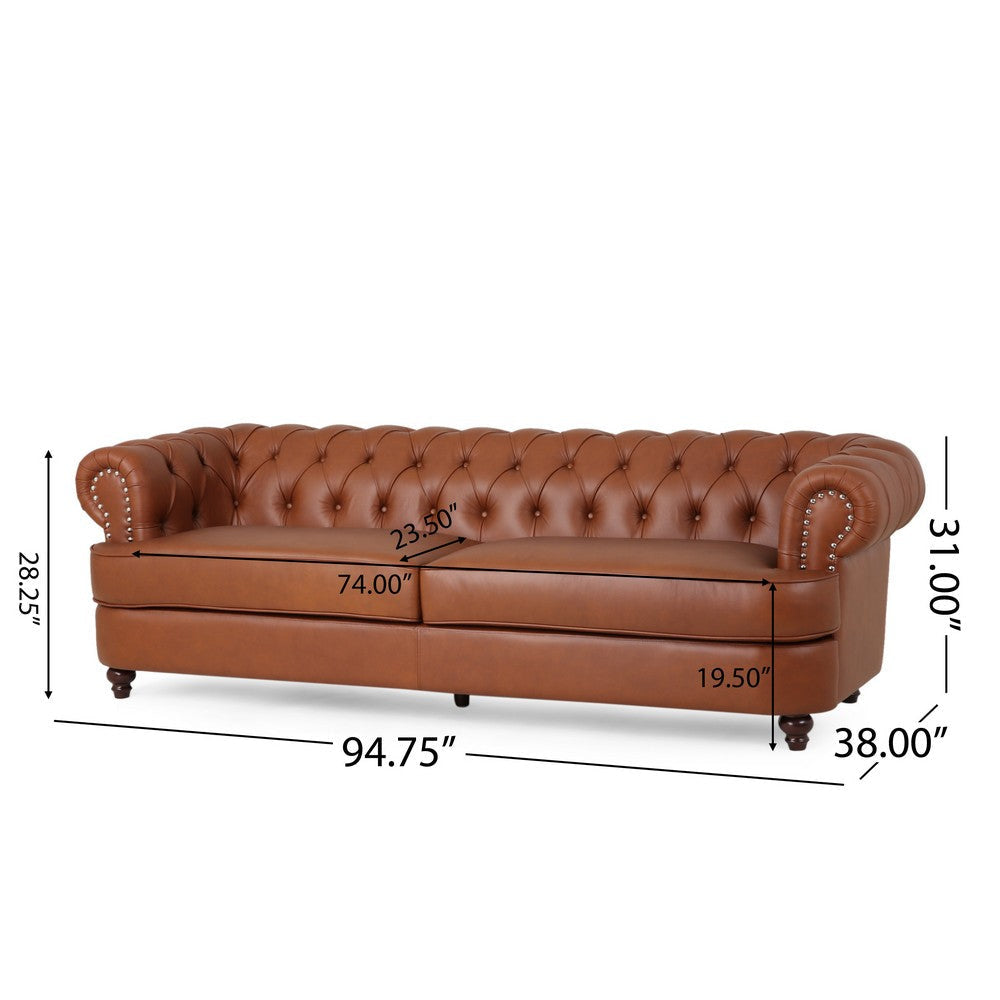 Vian 95 Inch 3 Seater Sofa Tufted Cognac Brown Faux Leather Nailhead Trim By Casagear Home BM321611