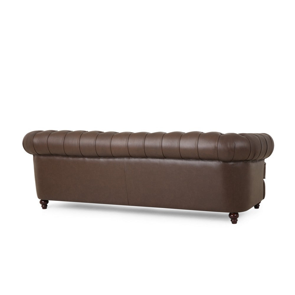 Vian 95 Inch 3 Seater Sofa Tufted Dark Brown Faux Leather Nailhead Trim By Casagear Home BM321612