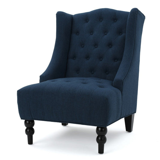 Todd Accent Chair, Navy Blue Button Tufted Linen, Classic Wingback Design By Casagear Home