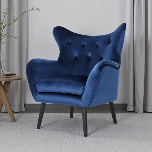Siyan Accent Armchair, Navy Blue Velvet, Tufted Wingback, Black Wood Legs By Casagear Home