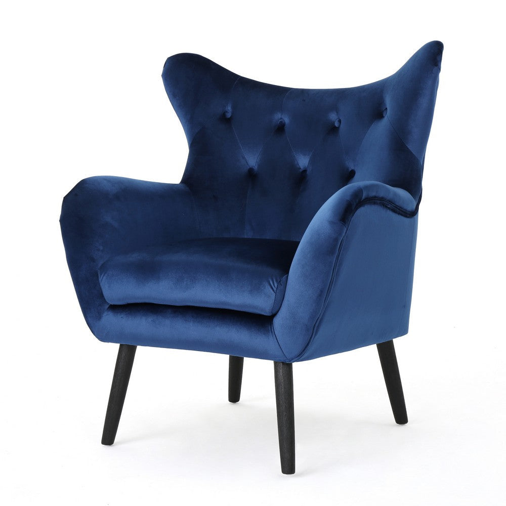 Siyan Accent Armchair, Navy Blue Velvet, Tufted Wingback, Black Wood Legs By Casagear Home