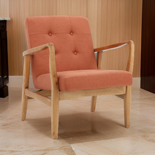 Mimi Accent Chair, Orange Fabric, Button Tufted Backrest, Light Brown Wood By Casagear Home
