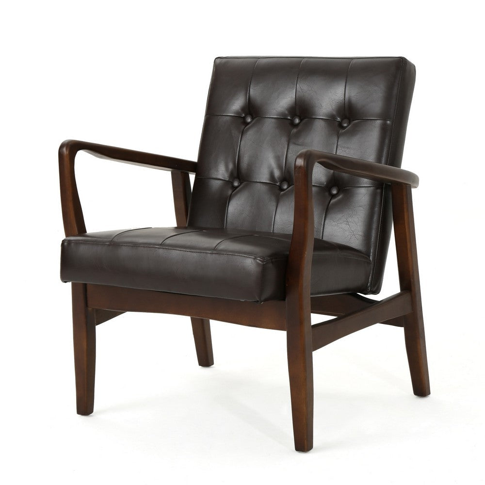 Mimi Accent Chair, Dark Brown Faux Leather and Wood, Button Tufted Backrest By Casagear Home