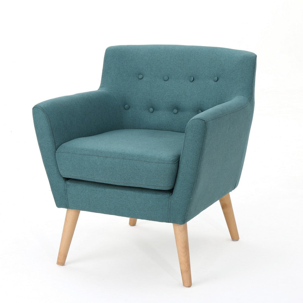 Ronny Accent Chair, Teal Fabric, Button Tufted Backrest, Light Brown Wood By Casagear Home