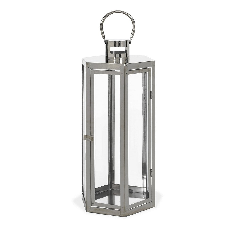 Clerk Lantern Silver Stainless Steel Hexagonal Tempered Glass 23 Inch By Casagear Home BM321646